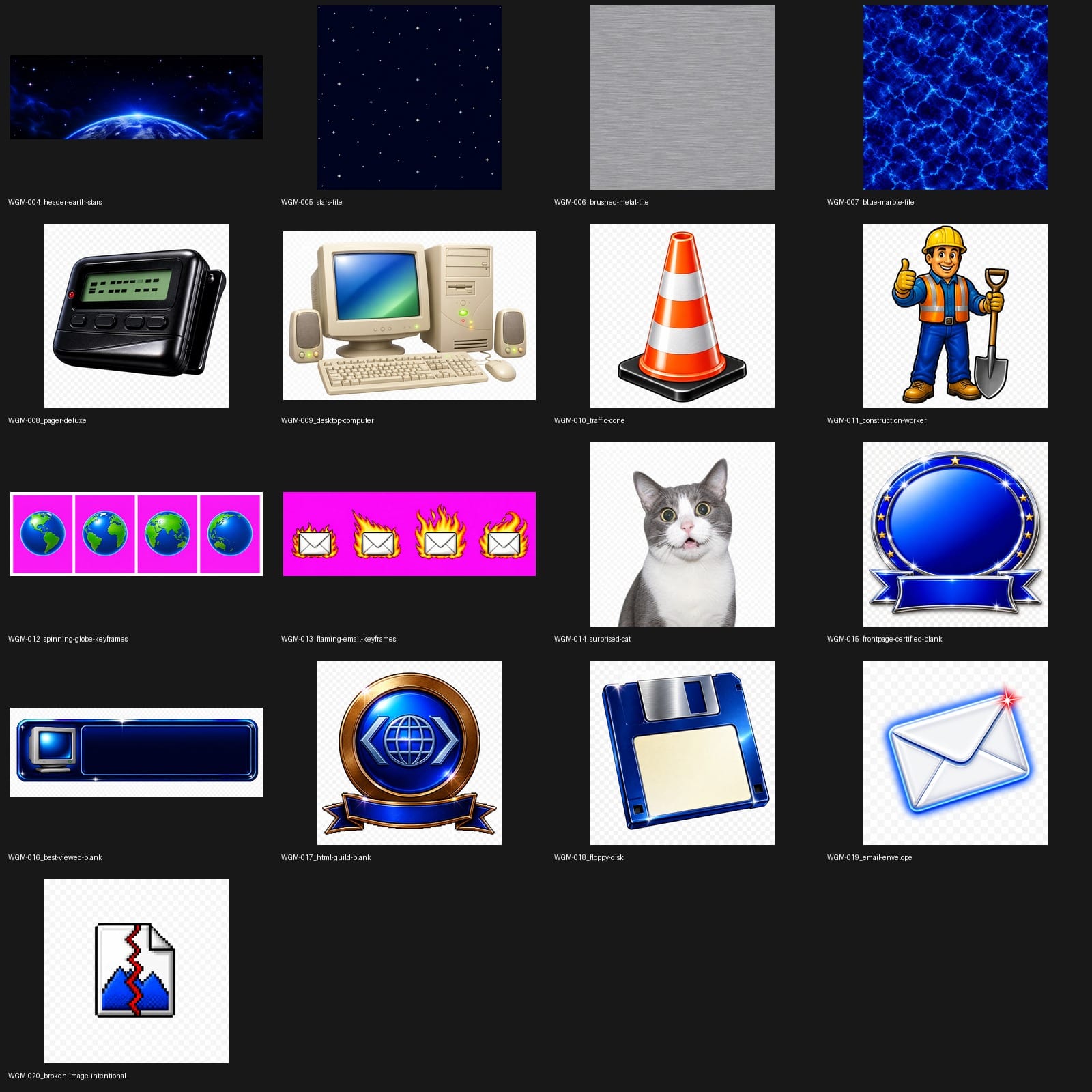 Contact sheet of seventeen raw parody website assets, including star fields, blue textures, a pager, beige computer, traffic cone, animated globe and flaming-email frames, a surprised cat, blank certification badges, a floppy disk, and email icons.